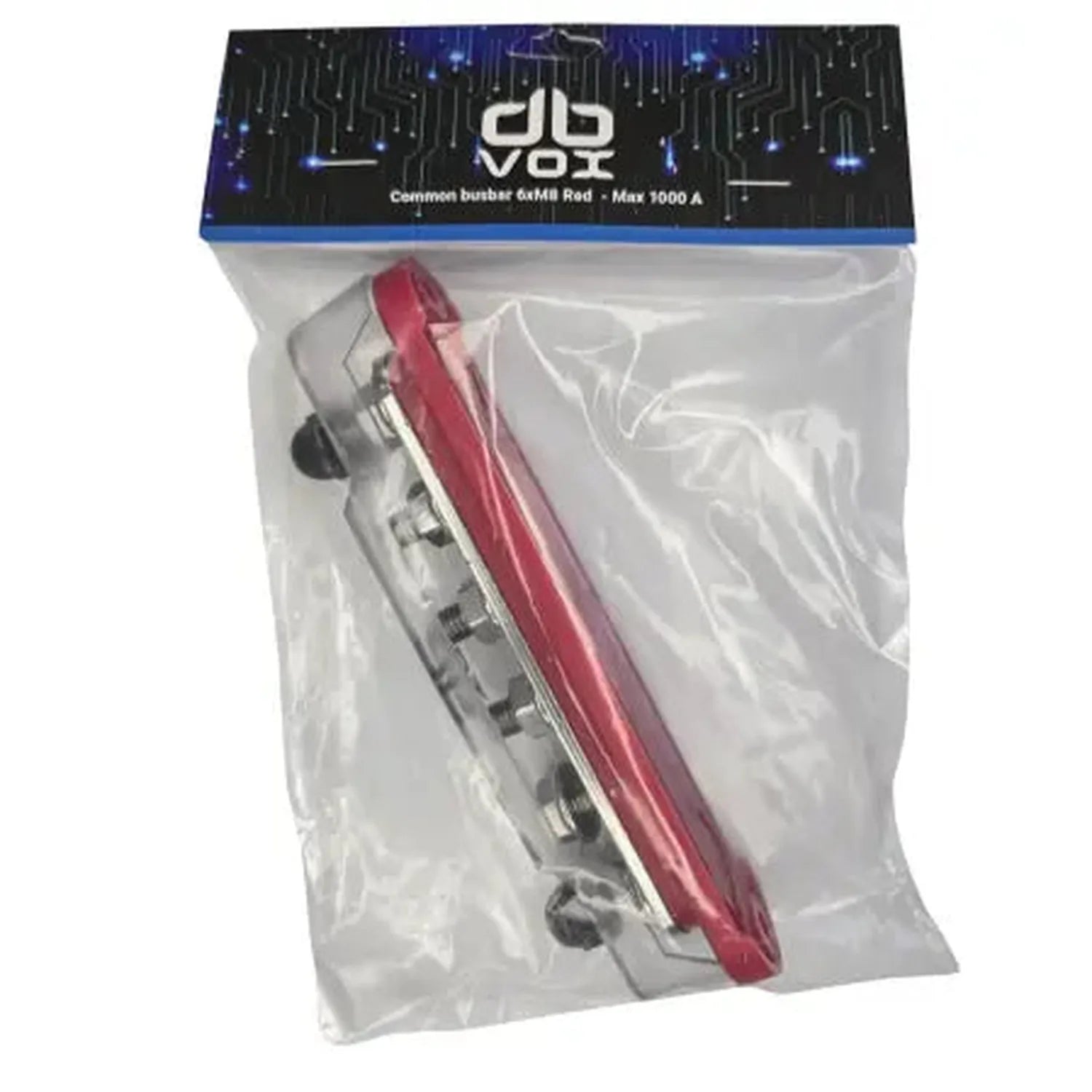 Een dBvox Klemmenblock 6xM8 car audio stroomverdeler, rood en helder, berekend op 1000A, in plastic verpakking met een blauw en zwart label.