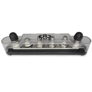 A clear rectangular dBvox Klemmenblock 6xM8 with black end caps, showing four metal fuses and the VOX logo—perfect as a 1000A power distributor.