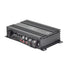 The DD Audio D600 is a black 1-channel amplifier featuring multiple input/output ports, control knobs, and a finned metal case for efficient heat dissipation.