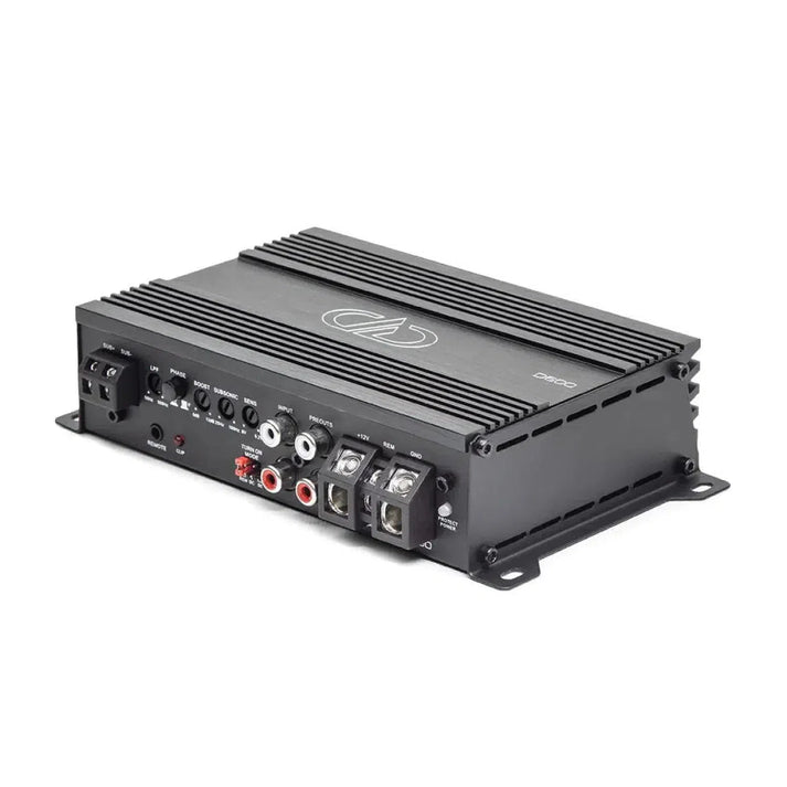 The DD Audio D600 is a black 1-channel amplifier featuring multiple input/output ports, control knobs, and a finned metal case for efficient heat dissipation.