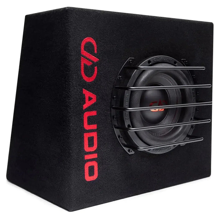 A black 20 cm LE-M508d Gehäusesubwoofer by DD Audio in a rectangular box with red DD AUDIO Redline 508 text and protective metal bars over the cone.