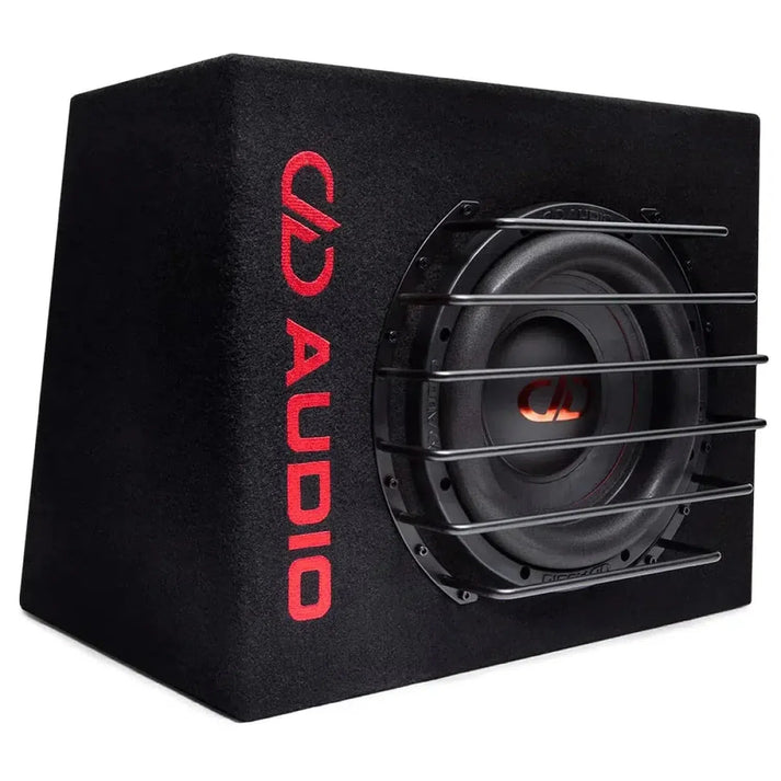 Black DD Audio LE-M510d 10 subwoofer, 250W, in a rectangular box with slanted front, protective metal bars, and red DD AUDIO logo.