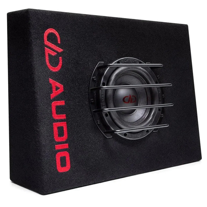 The DD Audio LE-ST06d is a black 6.5 subwoofer with a grille and bold red DD AUDIO lettering on the side.