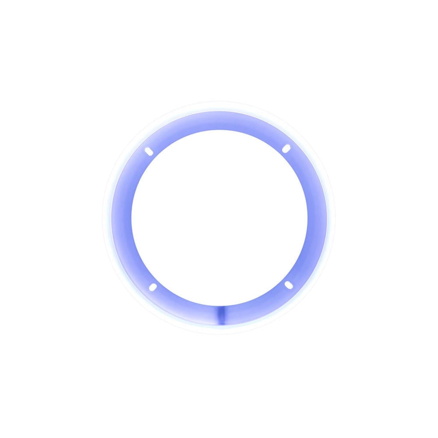 Un anello luminoso DD Audio LED RGB da 6,5″ con un bordo blu e quattro fori uniformemente distanziati, visto dallalto su uno sfondo bianco.