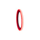 Un sottile anello luminoso rosso DD Audio LED RGB da 6,5″ è raffigurato in posizione verticale su uno sfondo bianco.