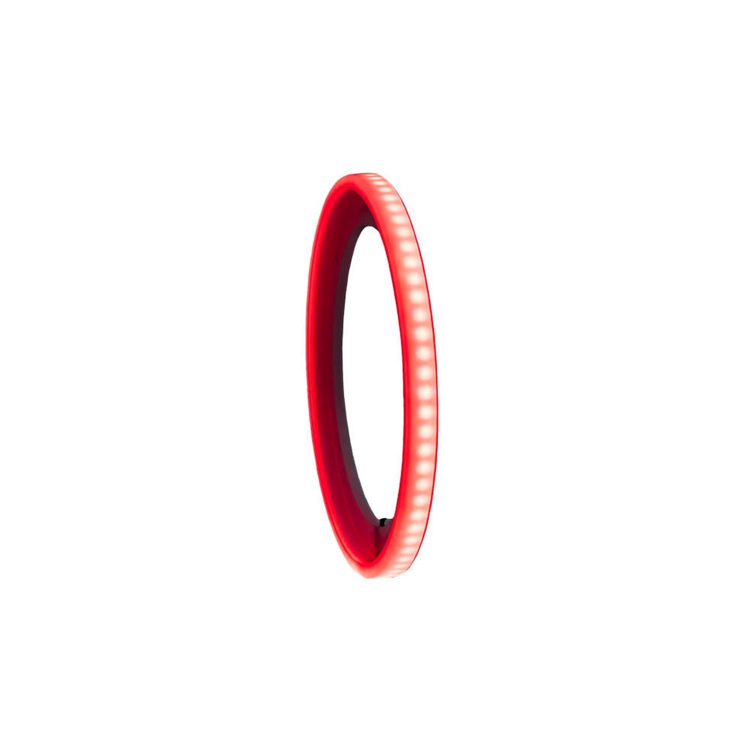 Un sottile anello luminoso rosso DD Audio LED RGB da 6,5″ è raffigurato in posizione verticale su uno sfondo bianco.