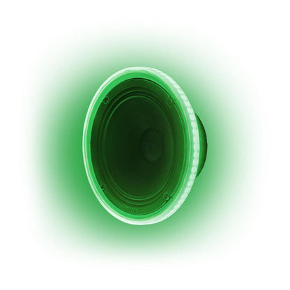 DD Audio LED RGB Light Ring 6.5″ è un diffusore rotondo nero con un vibrante anello luminoso RGB e un tenue bagliore verde, su sfondo bianco.