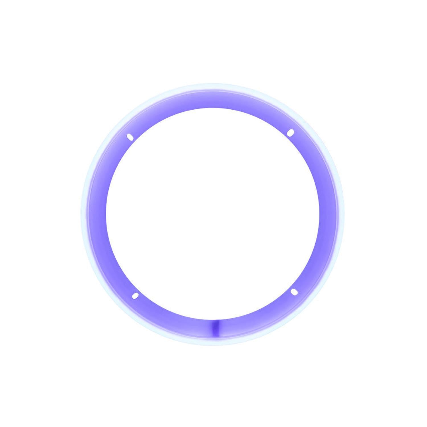 Il DD Audio LED RGB Light Ring 8″ è un anello circolare di colore viola con quattro piccoli fori uniformemente distanziati, su sfondo bianco.