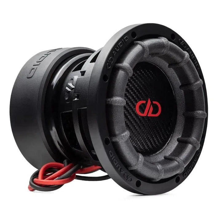 The DD Audio Power Tuned 1506 ESP is a black 6.5 subwoofer with a textured cone, red/black wires, red double D logo, and delivers 600W RMS.
