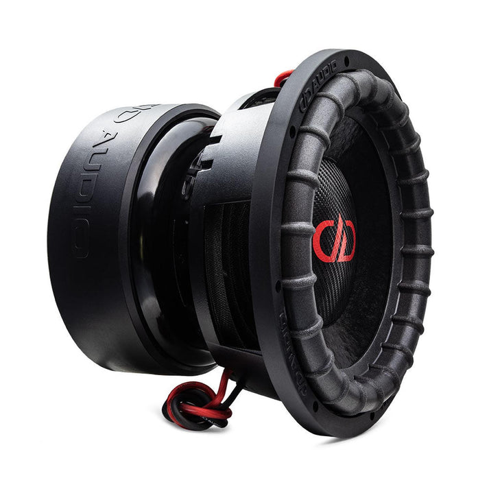 The DD Audio Power Tuned 9912b ESP is a black 12 subwoofer with a rugged surround, carbon fiber blend cone, red wire, and DD Audio logo on a white background.