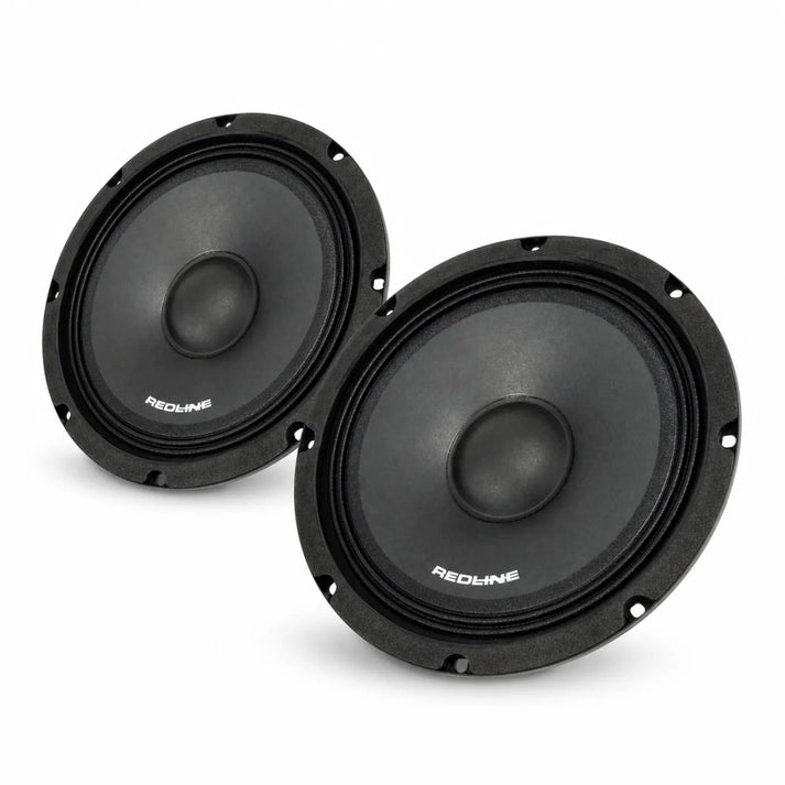 Deux enceintes rondes noires DD Audio Redline RL-PM8 avec des woofers de 8 et des bobines mobiles de 4 Ohm, légèrement inclinées sur un fond blanc uni.