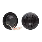Deux diffuseurs ronds noirs DD Audio T2b Kalotten-Hochtöner : lun comporte une grille en nid dabeille avec logo, lautre affiche le câblage et la technologie Neodym-Antriebs.