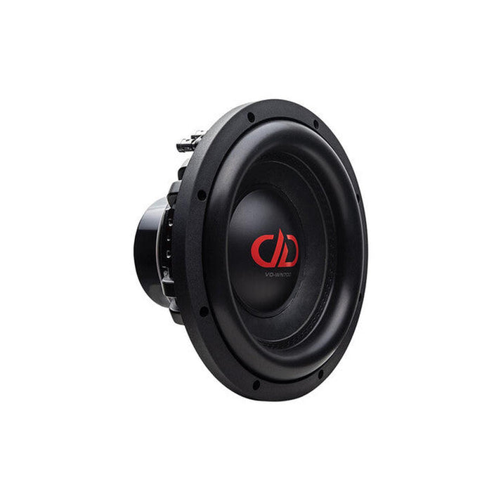Il subwoofer DD Audio VO-WN710, nero, da 10 Zoll, con logo centrale rosso e potenza RMS di 1200 W, è raffigurato inclinato su uno sfondo bianco.