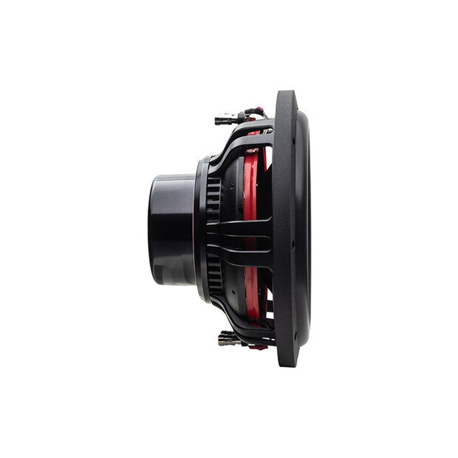 Vista laterale di un subwoofer DD Audio VO-WN712 da 12 pollici, nero e rosso, altoparlante per auto da 1200 W RMS su sfondo bianco.