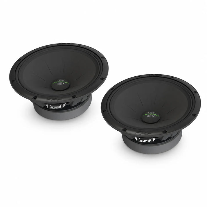 Due diffusori audio per auto Deaf Bonce Apocalypse AP-M81 SE da 8 con cerchi grigi sono affiancati su uno sfondo bianco.