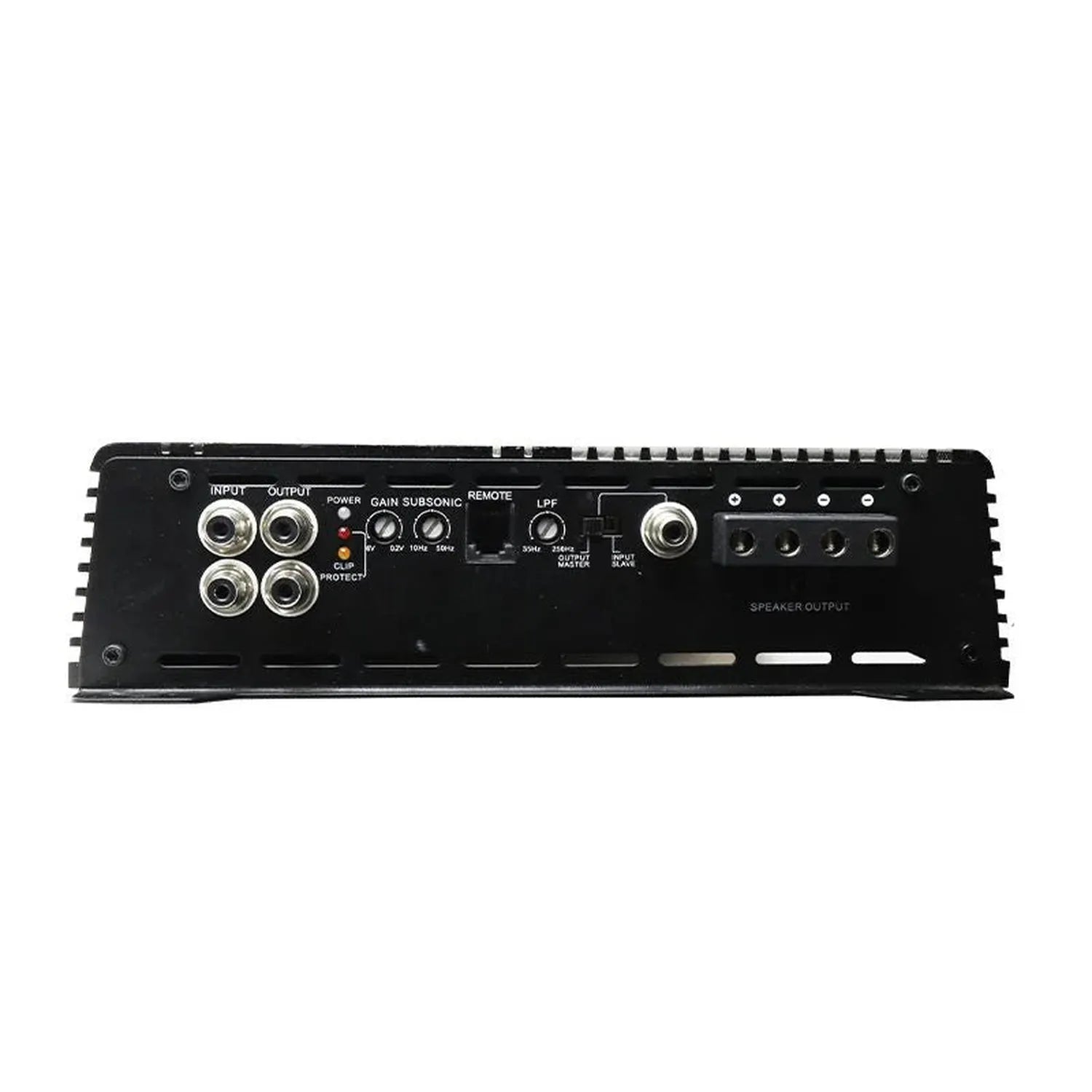 Rear view of Deaf Bonce Apocalypse ASA-10000.1 amp with input/output ports, control switches, and terminals for power and speaker connections.