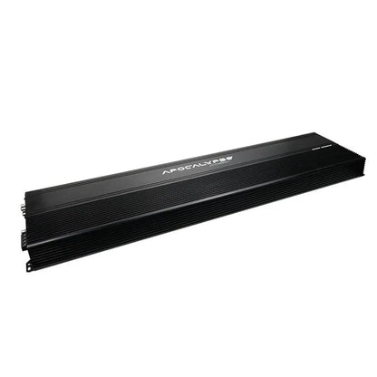The Deaf Bonce Apocalypse ASA-10000.1 is a black, rectangular car audio amplifier with ribbed sides and APOCALYPSE on top for heat dissipation.