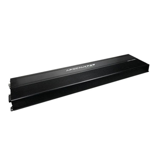 The Deaf Bonce Apocalypse ASA-10000.1 is a black, rectangular car audio amplifier with ribbed sides and APOCALYPSE on top for heat dissipation.