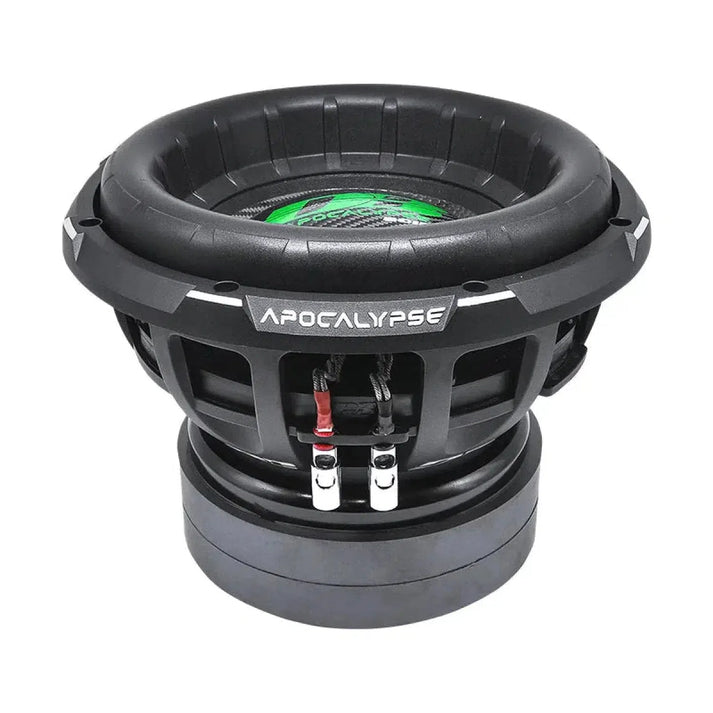 Le Deaf Bonce Apocalypse DB-3012R est un grand subwoofer noir de 12 avec un logo vert, des bornes de câblage visibles et une puissance de sortie de 2800 W RMS.