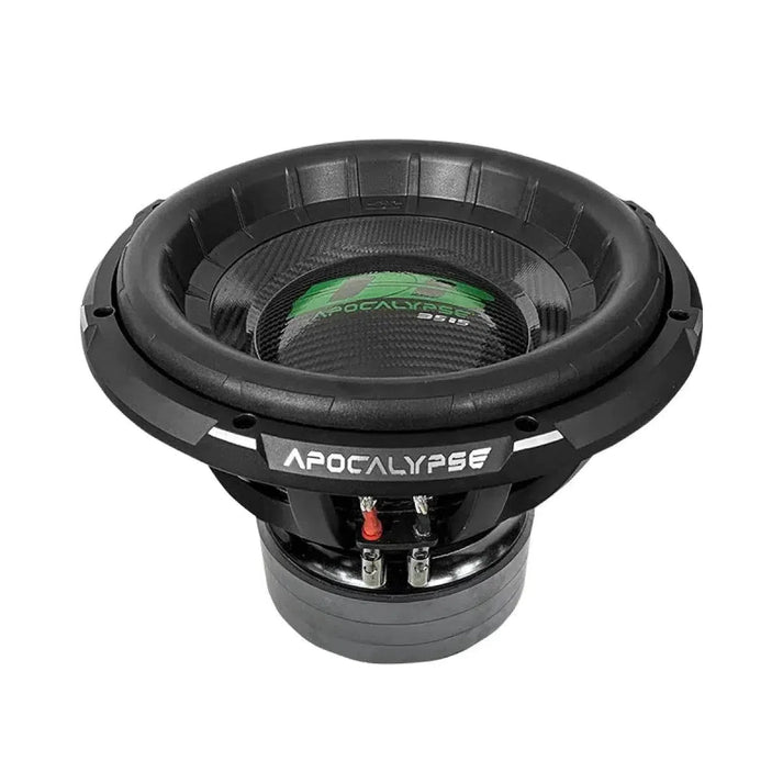 Un subwoofer negro Deaf Bonce Apocalypse DB-3515R de 15 con cono grande, logotipo verde, conectores visibles y 3500 W de potencia RMS.