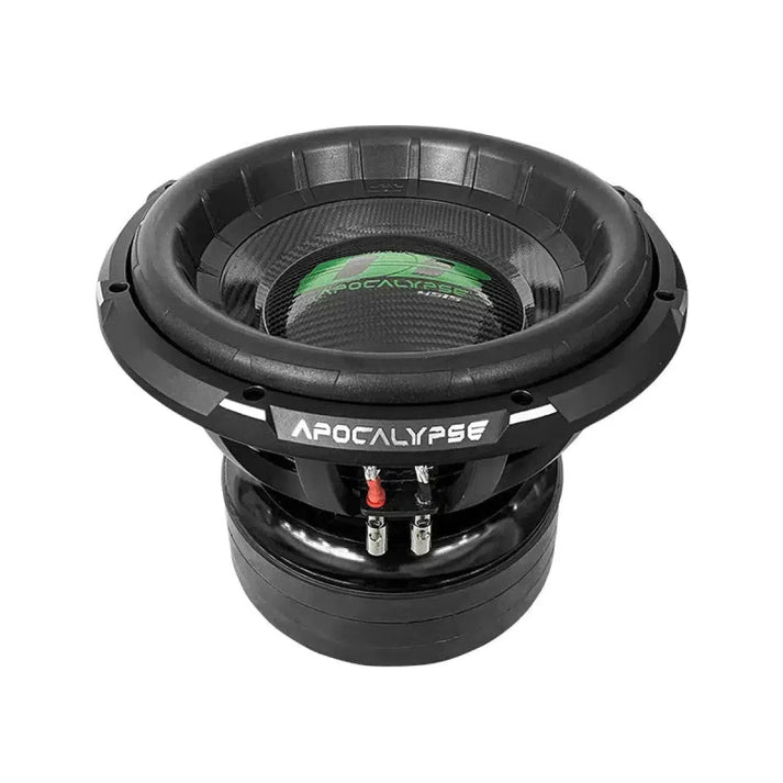 The Deaf Bonce Apocalypse DB-4515R is a black 15 subwoofer with a big cone, visible wiring terminals, green center logo, and 4500W RMS power.