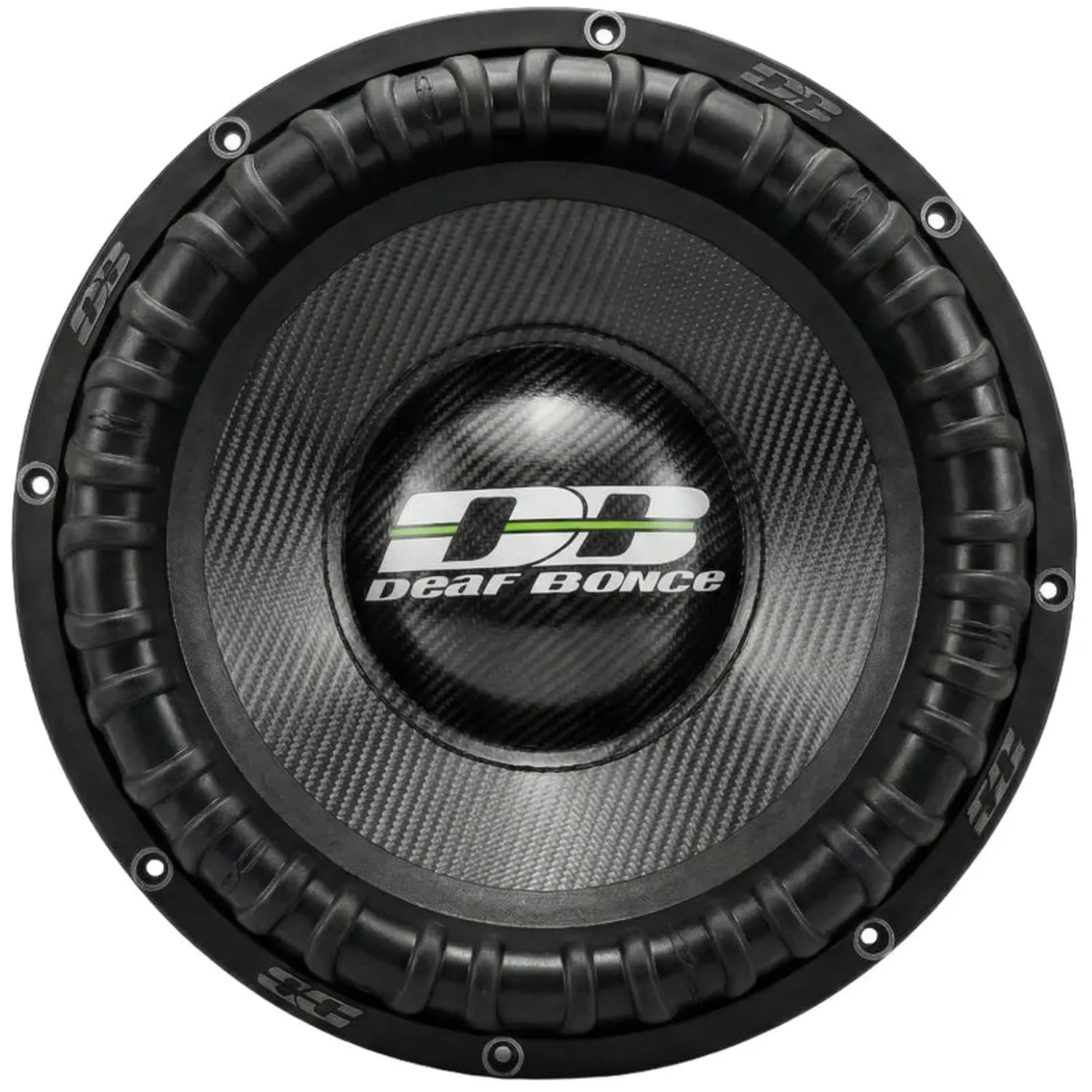 El Apocalypse DB-7.5K NEO de Deaf Bonce es un subwoofer negro de 15 con patrón de fibra de carbono, logotipo DB verde/blanco y potente imán Neodym.