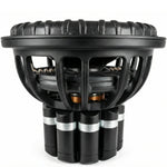 Vista lateral en primer plano del subwoofer de 15 Deaf Bonce Apocalypse DB-7.5K NEO, que muestra su imán de neodimio, su atrevido diseño industrial en negro y sus bobinas de metal y cobre a la vista.