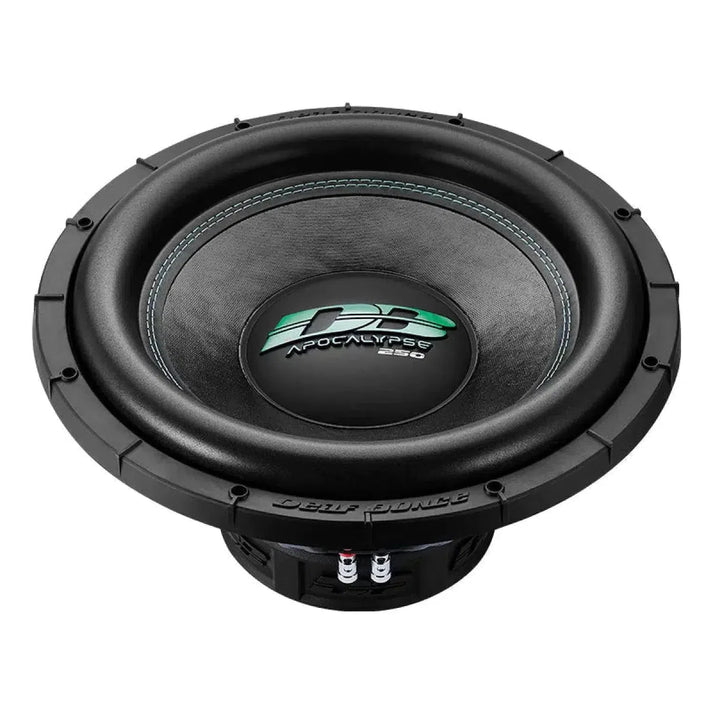 Un subwoofer para coche Deaf Bonce Apocalypse DB-SA 255 negro, de 15 pulgadas y 1000 W RMS, con la marca APOCALYPSE en verde y blanco, mostrado desde arriba.