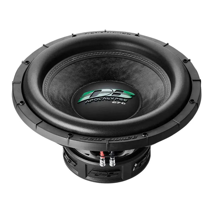 The black Deaf Bonce Apocalypse DB-SA 275 15-inch subwoofer features a green and white Apocalypse logo and delivers 1500W RMS power.