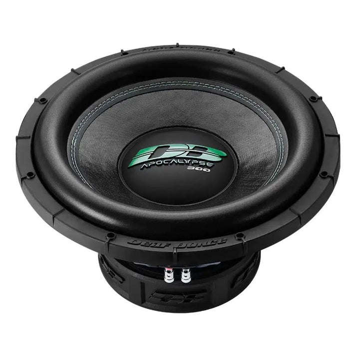 The Deaf Bonce Apocalypse DB-SA 305 is a black 15 subwoofer with green/silver logo, 2000W RMS, rugged surround, and exposed wiring terminals.