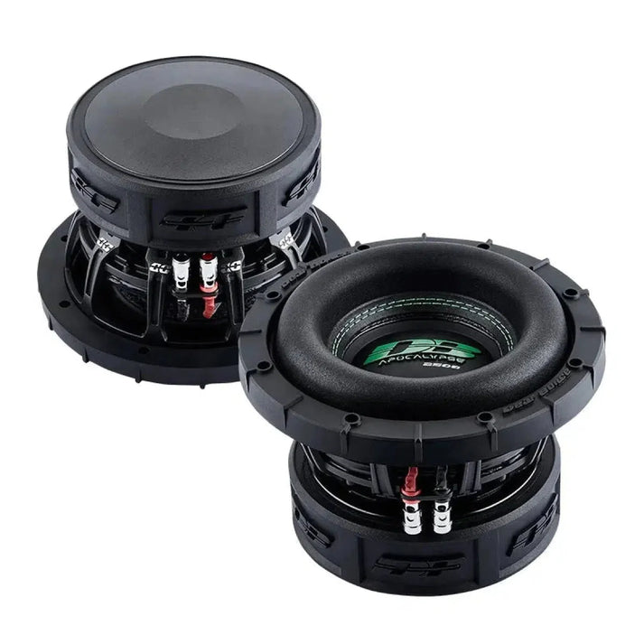 Dos subwoofers Deaf Bonce Apocalypse DB-SA2508 negros, de 8 pulgadas y 800 W RMS, con cableado y bobinas visibles: uno muestra el logotipo en la parte delantera y el otro en la trasera y el lateral.