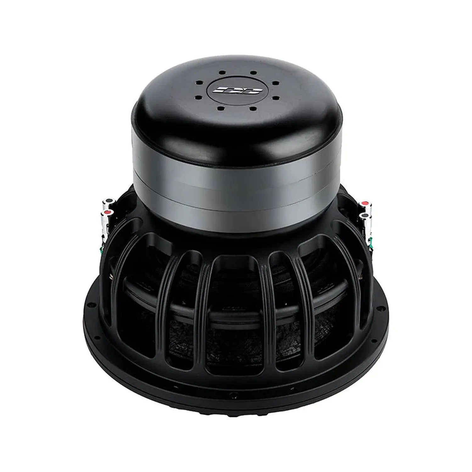 A black Deaf Bonce Apocalypse DВ-3.5K 12 subwoofer viewed from the back, displaying its round metal frame, large magnet, and connection terminals—ideal for powerful setups.