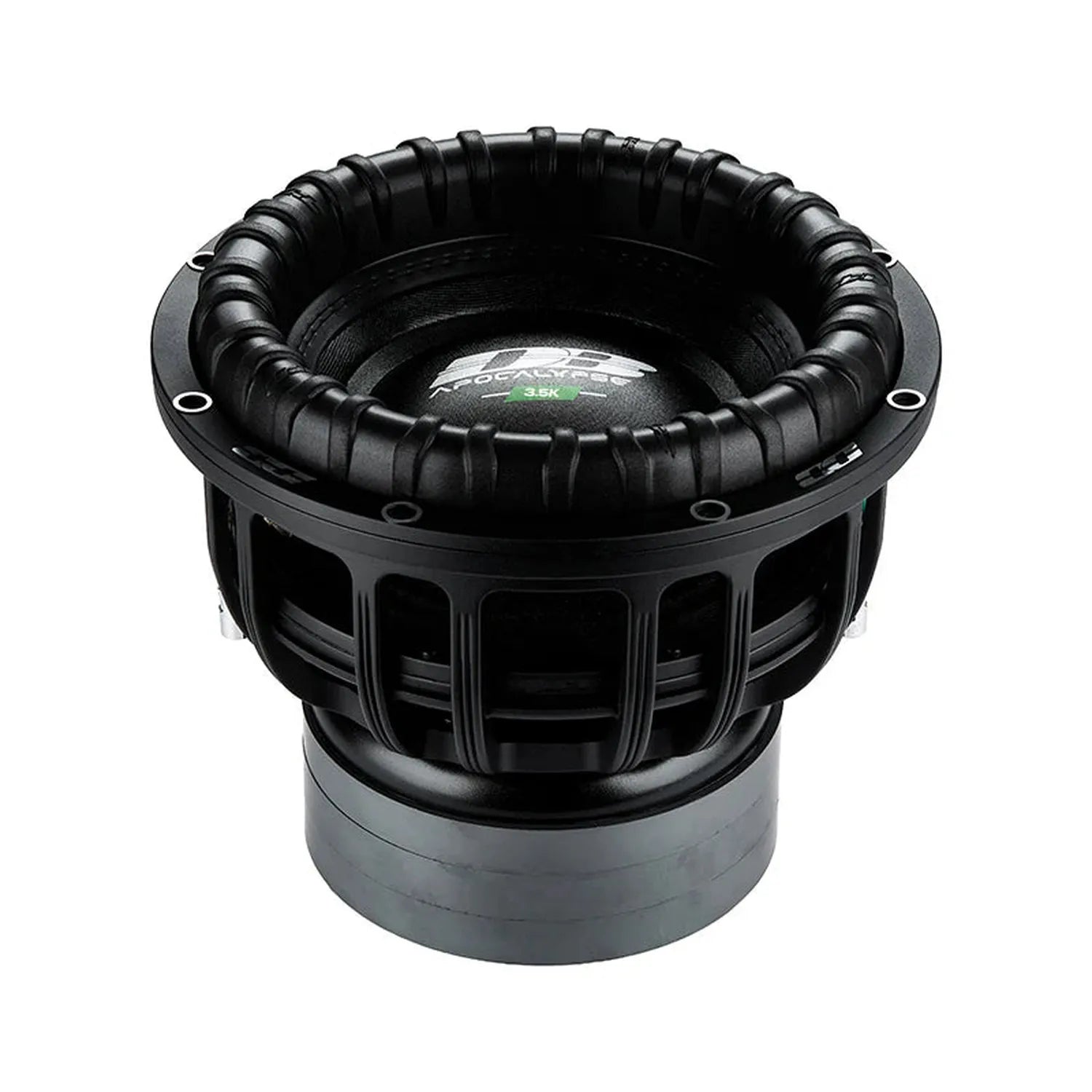 The Deaf Bonce Apocalypse DВ-3.5K 12 black subwoofer features a ribbed rubber surround, metal basket, and large magnet, shown on a white background.