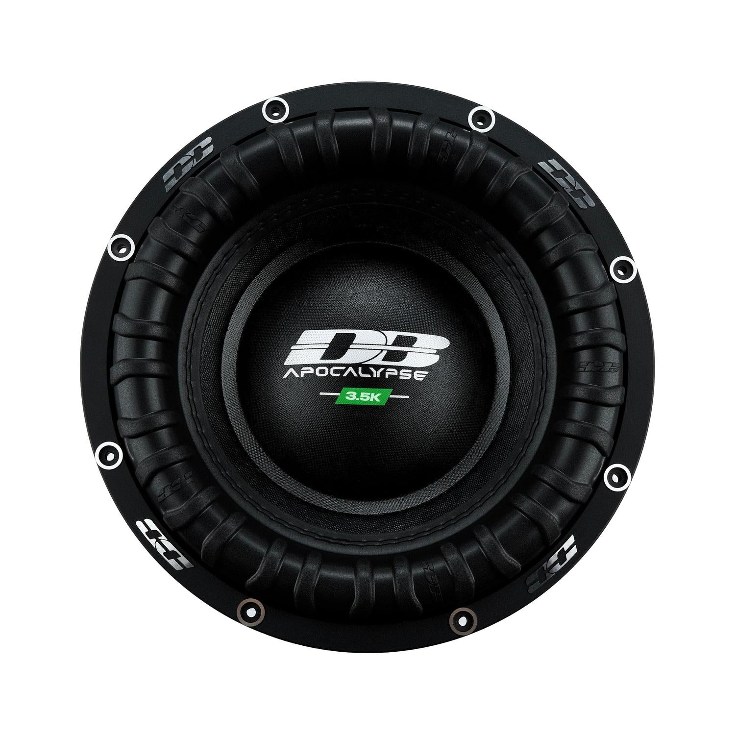 A top view of the black Deaf Bonce Apocalypse DВ-3.5K 12 subwoofer, showing its textured rubber surround and bold white and green center cone branding.