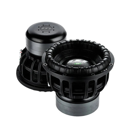 Two large black Deaf Bonce Apocalypse DВ-3.5K 12 subwoofers with ribbed surrounds and metal frames, displayed from various angles on a white background.
