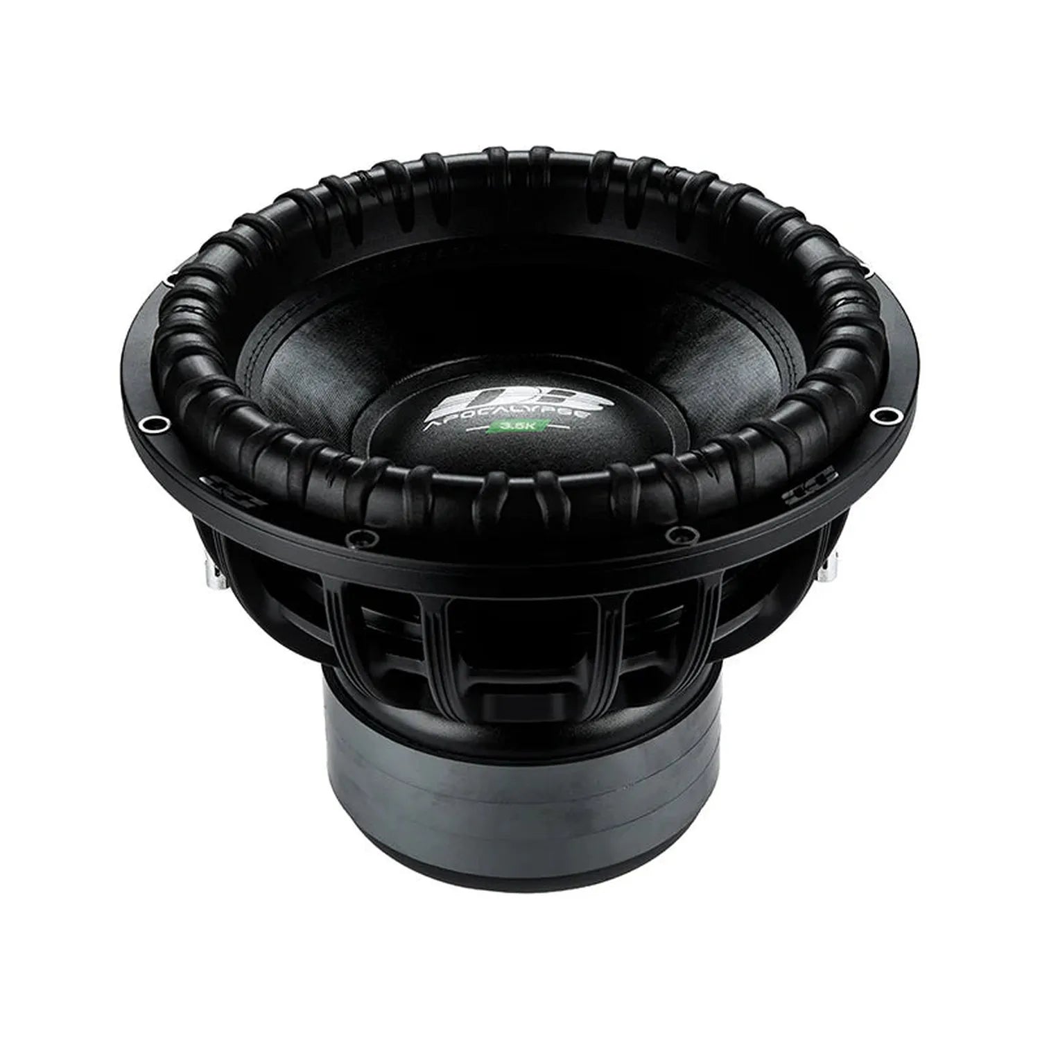 El subwoofer Deaf Bonce Apocalypse DВ-3.5K de 15 cuenta con un borde de goma acanalado, un cono profundo, una estructura metálica y 3500 W RMS, mostrado desde arriba sobre un fondo blanco.