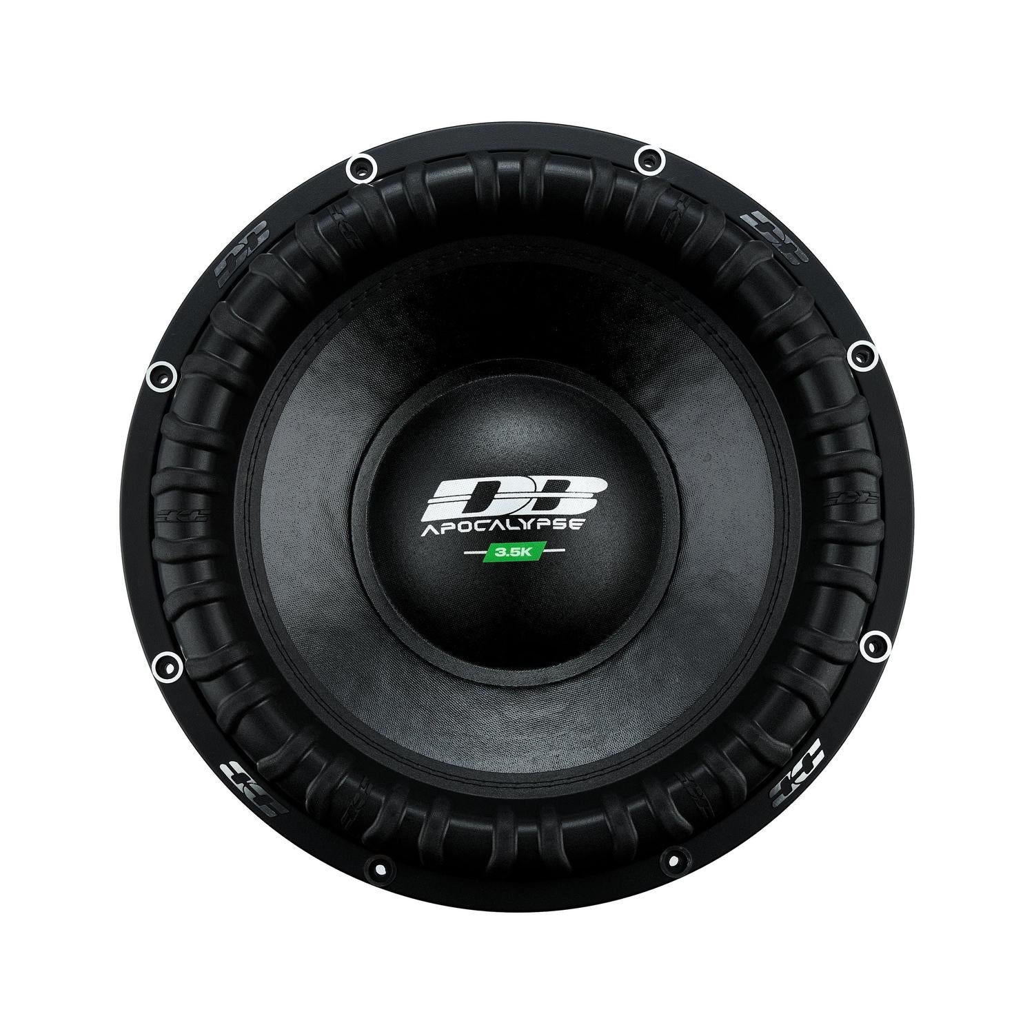 Una vista superior del subwoofer negro Deaf Bonce Apocalypse DВ-3.5K de 15 resalta su cono redondo y el logotipo central de 3500 vatios RMS.