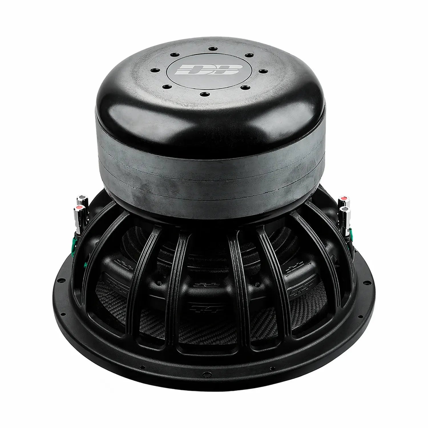 El Apocalypse DВ-5.5K 15 de Deaf Bonce es un subwoofer negro de 15 para coche con estructura metálica, imán redondo, terminales expuestos y 5500W de potencia RMS, mostrado desde un ángulo.