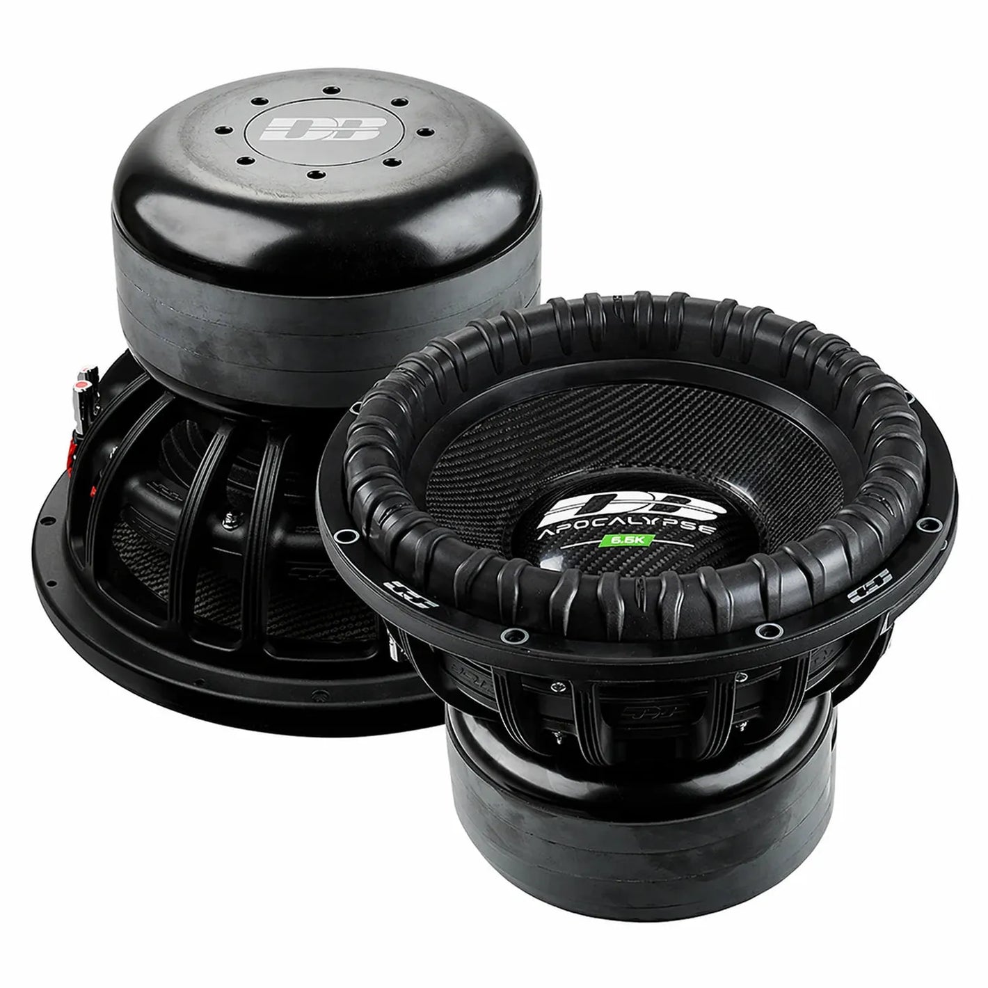 Twee grote Deaf Bonce Apocalypse DВ-5.5K 15 subwoofers met getextureerde conussen, versterkte randen en 5500W RMS vermogen voor en achter.