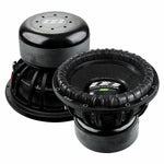 Dos grandes subwoofers Deaf Bonce Apocalypse DВ-5.5K de 15 con conos texturizados, bordes reforzados y una potencia RMS de 5500W que se muestran delante y detrás.