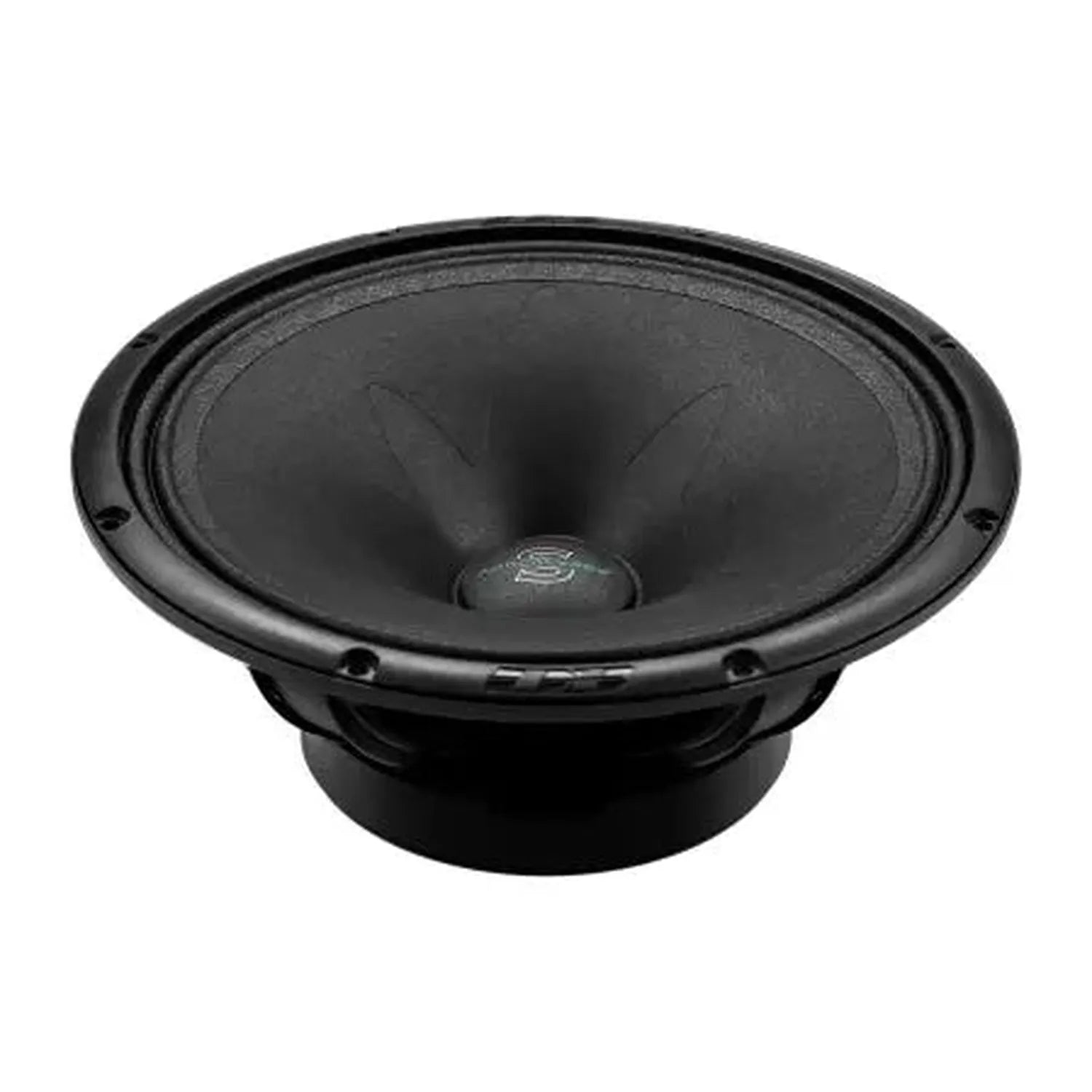 Un altavoz negro Deaf Bonce Apocalypse M101SE Pro de 10 con diafragma de cono, marco redondo y orificios de montaje se muestra sobre un fondo blanco.
