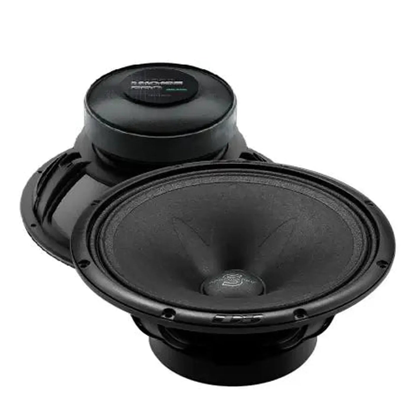 Due woofer-midrange neri da 10 - Apocalypse M101SE Pro di Deaf Bonce - uno mostra il cono, laltro il retro e il magnete.