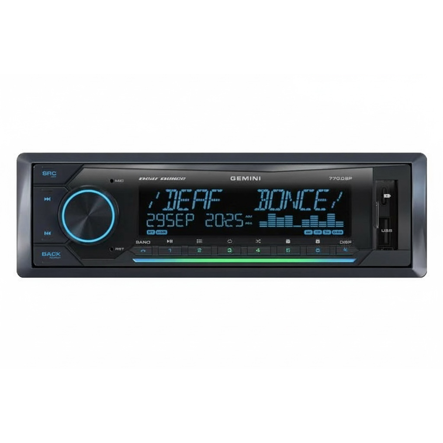The Deaf Bonce Gemini 770DSP car stereo features a HiFi amplifier, digital display, buttons, USB port, and blue LED lighting.