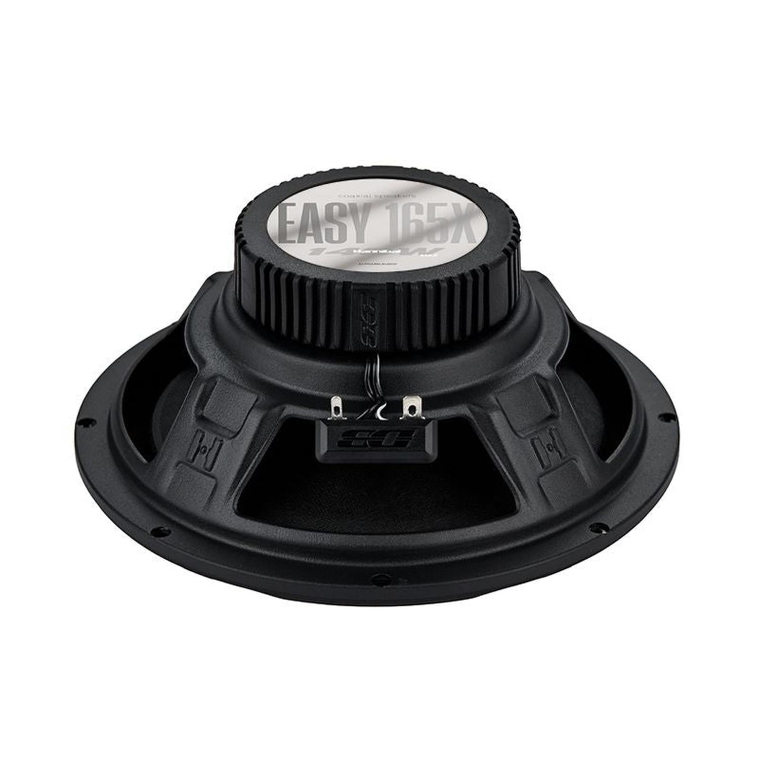Un diffusore coassiale nero rotondo Deaf Bonce Hannibal Easy 165X visto dal retro, che mostra il magnete e i terminali, con il nome del modello in alto.
