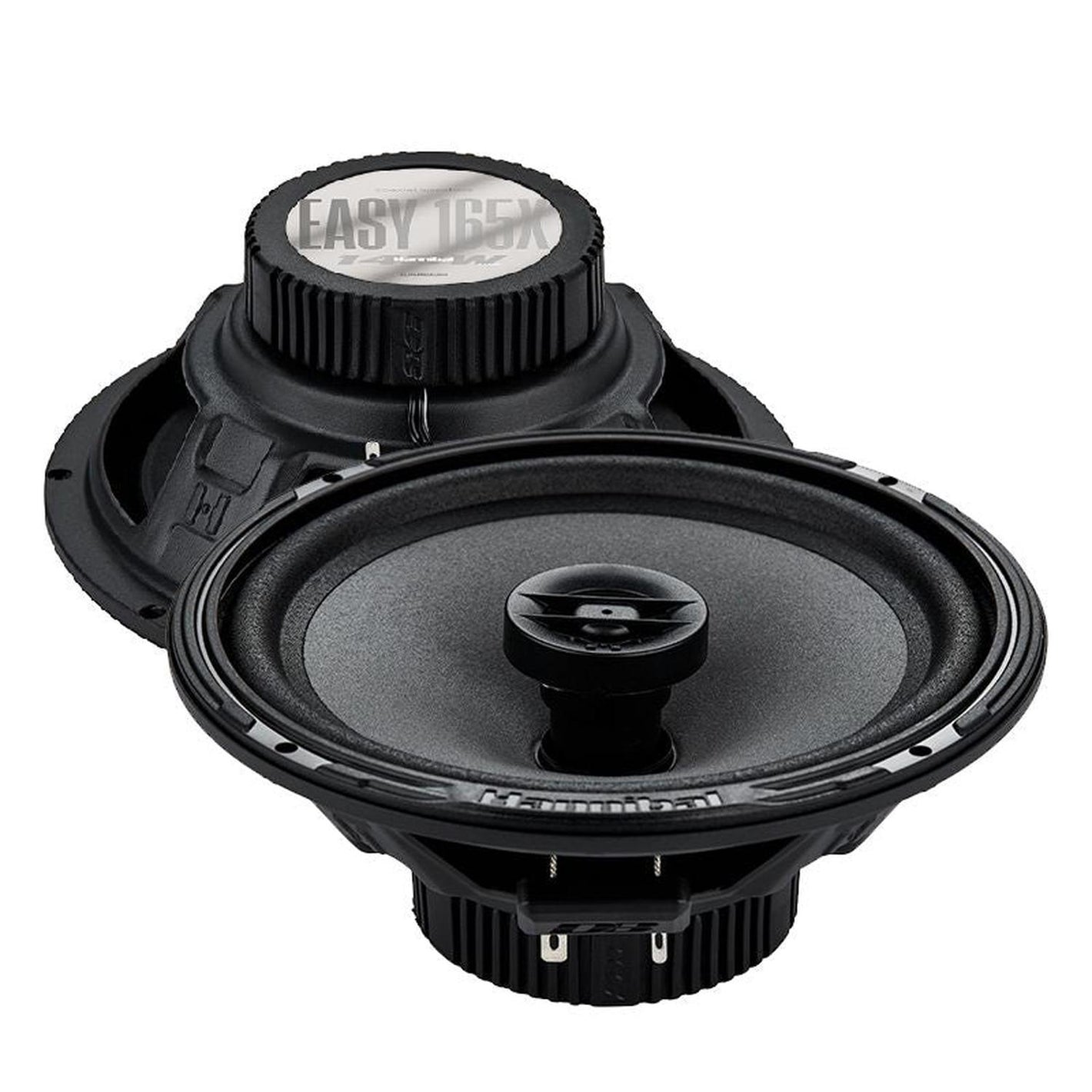 Two black round 6-inch Deaf Bonce Hannibal Easy 165X speakers—one displays the cone, the other shows the rear and 2-way coaxial mounting structure.