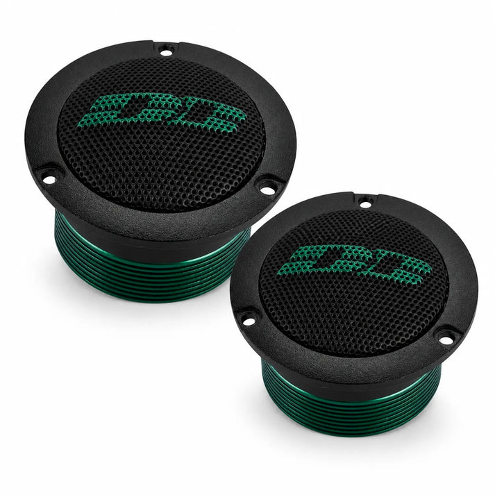 Two round black and green Hannibal TH-25G car tweeters by Deaf Bonce, each with mesh grilles and the green Deaf Bonce logo on the front.