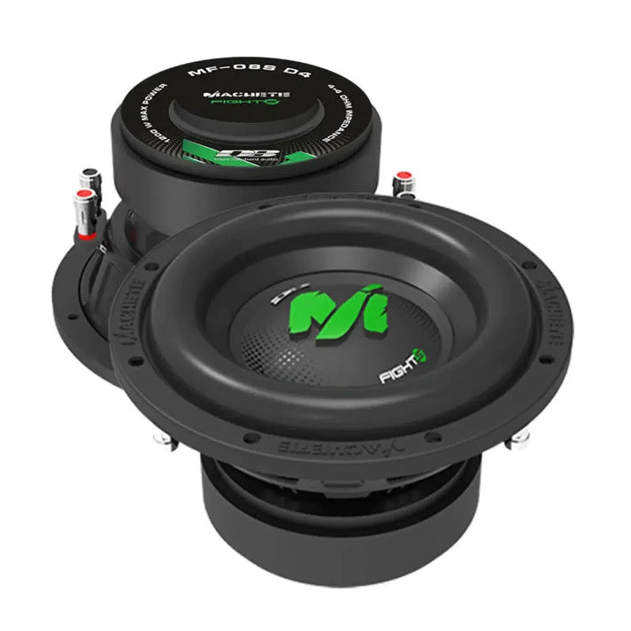 Dos subwoofers negros de 8 Zoll para coche -Deaf Bonce Machete Fight MF-08S, cada uno de 600 W RMS con logotipos verdes y blancos- mostrados desde las vistas superior e inferior.