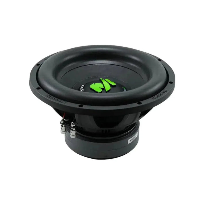 Un subwoofer noir Deaf Bonce Machete Fight MF-12R 12 avec un cône large et un logo central vert, présenté en angle sur fond blanc. Puissance de 1200W RMS.