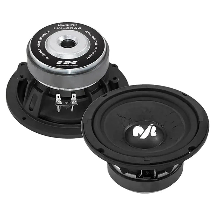Two black round Deaf Bonce Machete LW 65 A4 6.5 midbass speakers—one showing the front cone, the other revealing the back and 4 Ohm terminals.