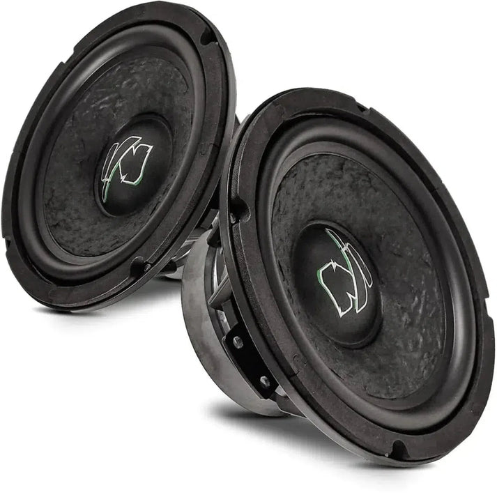 Two black round Deaf Bonce Machete LW 80 A4 speakers with textured cones are shown side by side, each 8 midbass driver featuring a white abstract logo at the center.
